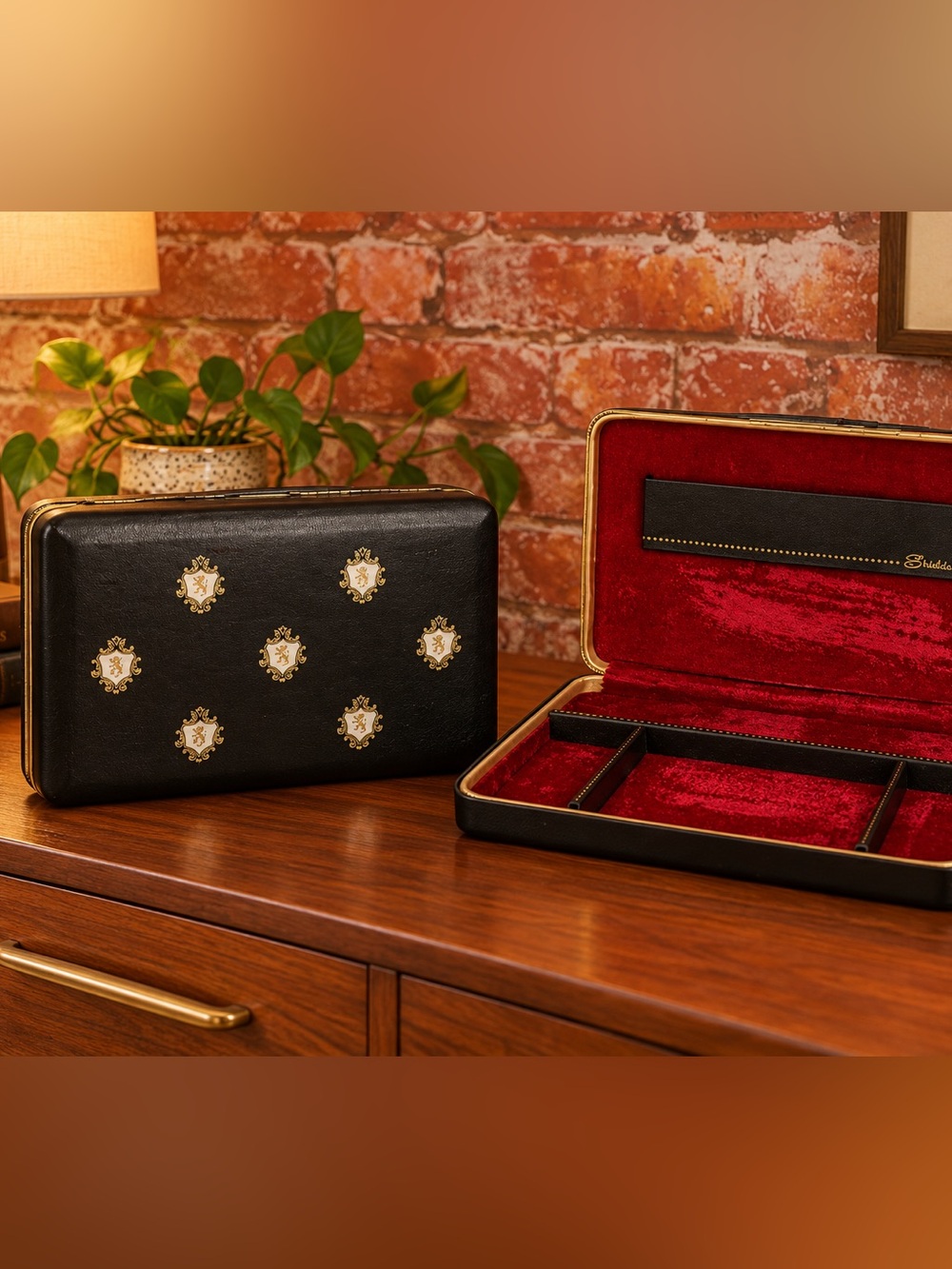 Vintage MCM Shields Black Hard Leather Covered Jewelry Box